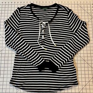 Lauren Ralph Lauren Women’s Large Black/White Striped Lace-Up Waffle-Knit Top